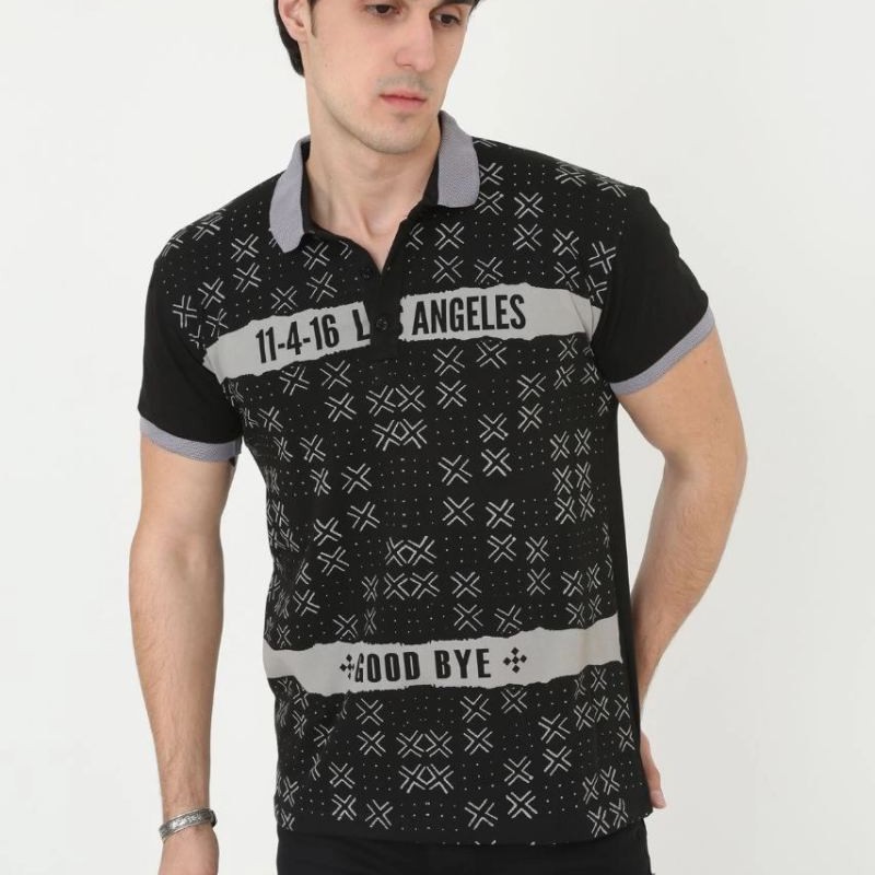 Erkek Polo Yaka tişört Slim Fit Baskılı Kısa kol T-Shirt - Siyah